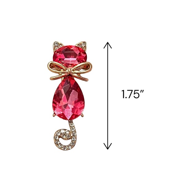 Pink Crystal Cat Gold Brooch - Picture 4 of 4